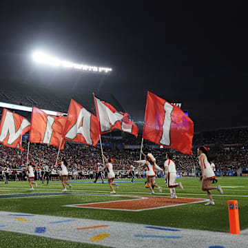 Miami Hurricanes cheerleaders run on the field with flags after a touchdown against the Iowa State Cyclones during the second half at Camping World Stadium. 
