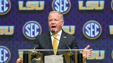 Jul 16, 2025; Atlanta, GA, USA; LSU Tigers head coach Brian Kelly talks to the media during SEC Media Day at Omni Atlanta Hotel. Mandatory Credit: Jordan Godfree-Imagn Images