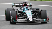 Jun 8, 2024; Montreal, Quebec, CAN; Mercedes driver George Russell (GBR) races during the qualifying session of the Canadian Grand Prix at Circuit Gilles Villeneuve. Mandatory Credit: David Kirouac-USA TODAY Sports