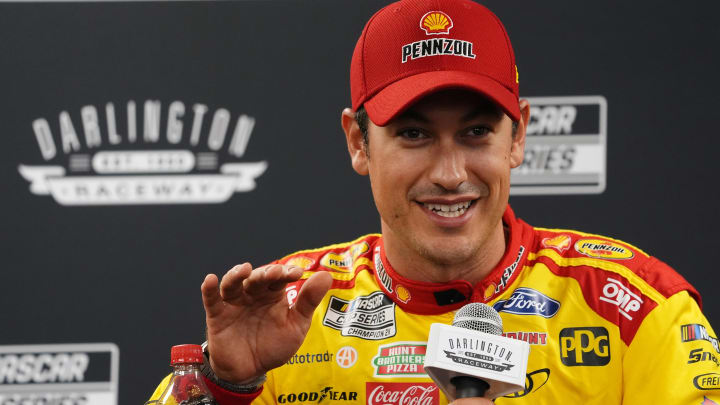 Aug 31, 2024; Darlington, South Carolina, USA; NASCAR Cup Series driver Joey Logano speaks with the media prior to practice for the Cook Out Southern 500 at Darlington Raceway.