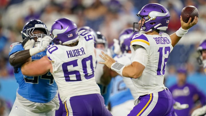 Minnesota Vikings quarterback Max Brosmer (12) passes during the third quarter of an NFL pre-season game against the Tennessee Titans at Nissan Stadium in Nashville, Tenn., Friday, Aug. 22, 2025. Minnesota Vikings quarterback Max Brosmer (12) passes during the third quarter of an NFL pre-season game against the Tennessee Titans at Nissan Stadium in Nashville, Tenn., Friday, Aug. 22, 2025.