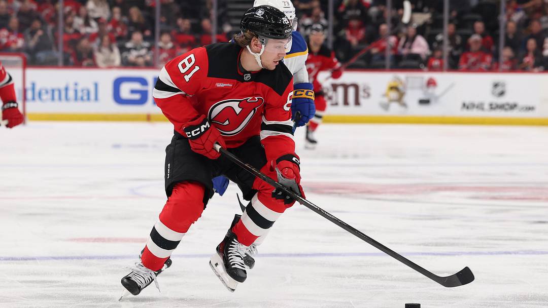 Feb 25, 2026; Newark, New Jersey, USA; New Jersey Devils right wing Arseny Gritsyuk (81) skates with the puck against the Buffalo Sabres during the second period at Prudential Center. Mandatory Credit: Ed Mulholland-Imagn Images