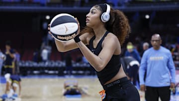Chicago Sky forward Angel Reese warms up before a WNBA game against the Indiana Fever.