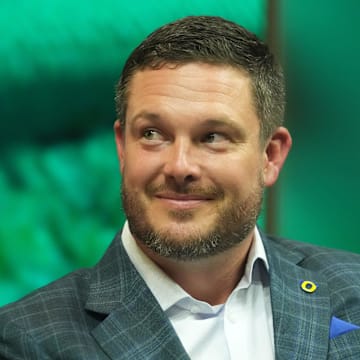 Jul 21, 2023; Las Vegas, NV, USA; Oregon Ducks coach Dan Lanning during Pac-12 Media Day at Resorts World Las Vegas. tMandatory Credit: Kirby Lee-Imagn Images