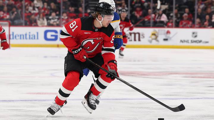 Feb 25, 2026; Newark, New Jersey, USA; New Jersey Devils right wing Arseny Gritsyuk (81) skates with the puck against the Buffalo Sabres during the second period at Prudential Center. Mandatory Credit: Ed Mulholland-Imagn Images