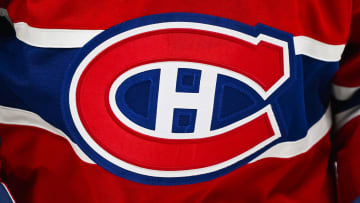 Sep 27, 2023; Montreal, Quebec, CAN; View of a Montreal Canadiens logo on a jersey worn by a member of the team during the third period at Bell Centre. Mandatory Credit: David Kirouac-USA TODAY Sports