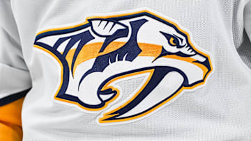 Dec 5, 2024; Montreal, Quebec, CAN; View of a Nashville Predators logo on a jersey worn by a member of the team during the second period at Bell Centre. Mandatory Credit: David Kirouac-Imagn Images
