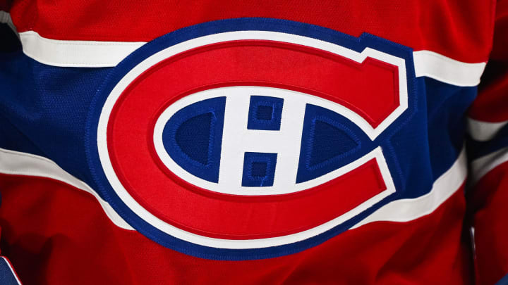 Sep 27, 2023; Montreal, Quebec, CAN; View of a Montreal Canadiens logo on a jersey worn by a member of the team during the third period at Bell Centre. Mandatory Credit: David Kirouac-USA TODAY Sports