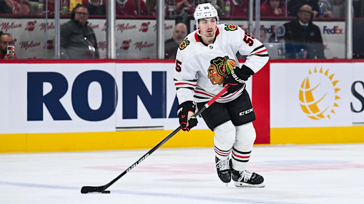 Apr 14, 2025; Montreal, Quebec, CAN; Chicago Blackhawks defenseman Artyom Levshunov (55) plays the puck against the Montreal Canadiens in the first period at Bell Centre. Mandatory Credit: David Kirouac-Imagn Images