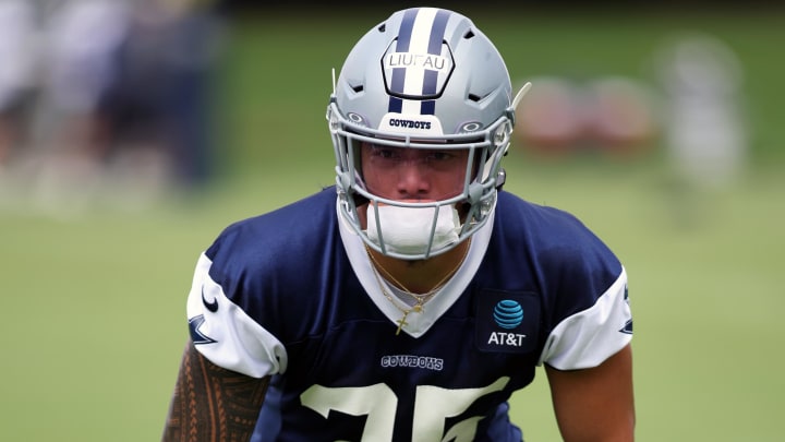 Jun 4, 2024; Frisco, TX, USA; Dallas Cowboys linebacker Marist Liufau (35) goes through drills during practice at the Ford Center at the Star Training Facility in Frisco, Texas. Mandatory Credit: Tim Heitman-USA TODAY Sports