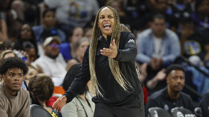 Jul 13, 2024; Chicago, Illinois, USA; Chicago Sky head coach Teresa Weatherspoon reacts during the second half of a WNBA game against the New York Liberty at Wintrust Arena. Mandatory Credit: Kamil Krzaczynski-USA TODAY Sports