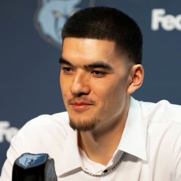 Zach Edey, a first-round draft pick for the Grizzlies, answers a question during a press conference to introduce the team’s 2024 NBA Draft picks at FedExForum on Friday, June 28, 2024.
