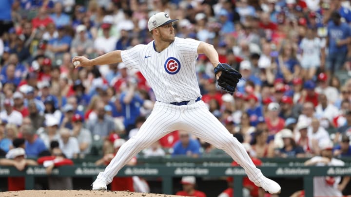 Jul 4, 2024; Chicago, Illinois, USA; Chicago Cubs starting pitcher Jameson Taillon (50) delivers a pitch against the Philadelphia Phillies during the second inning at Wrigley Field. Mandatory Credit: Kamil Krzaczynski-USA TODAY Sports