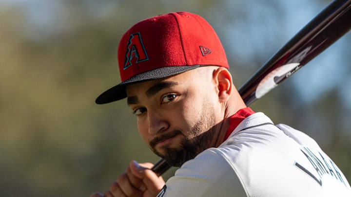 Feb 21, 2024; Scottsdale, AZ, USA; Arizona Diamondbacks infielder Jordan Lawlar (10) poses for a picture for MLB media day at Salt River Fields. Mandatory Credit: Allan Henry-Imagn Images