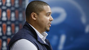 Chicago Bears general manager Ryan Poles speaks during a press conference at Halas Hall.