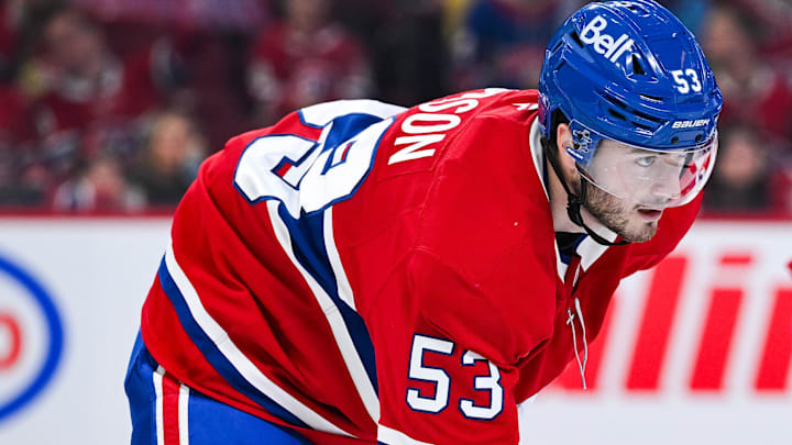 Mar 21, 2026; Montreal, Quebec, CAN; Montreal Canadiens defenseman Noah Dobson (53) waits for a face-off against the New York Islanders during the second period at Bell Centre. Mandatory Credit: David Kirouac-Imagn Images