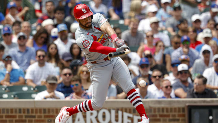 Aug 2, 2024; Chicago, Illinois, USA; St. Louis Cardinals left fielder Tommy Pham (26) breaks his bat against the Chicago Cubs during the second inning at Wrigley Field. Mandatory Credit: Kamil Krzaczynski-USA TODAY Sports