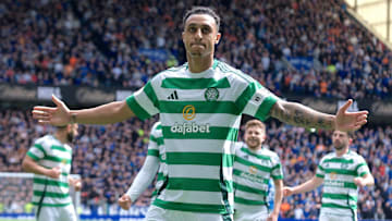 Rangers v Celtic, Scottish Premiership at Ibrox Stadium, Glasgow, Scotland on 04 May 2025: Pictured: Adam Idah (Celtic) celebrates his goal with his team-mates