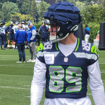 Seahawks tight end Jack Westover walks back towards the sideline during a drill at training camp practice.