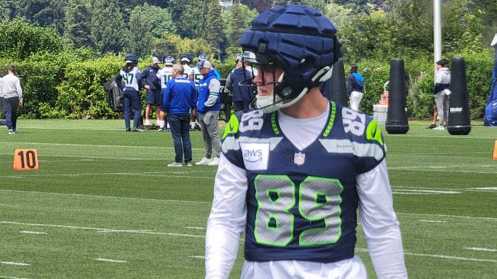 Seahawks tight end Jack Westover walks back towards the sideline during a drill at training camp practice.