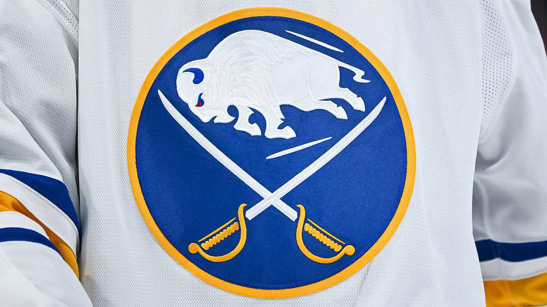 Dec 17, 2024; Montreal, Quebec, CAN; View of a Buffalo Sabres logo on a jersey worn by a member of the team during the second period at Bell Centre. 