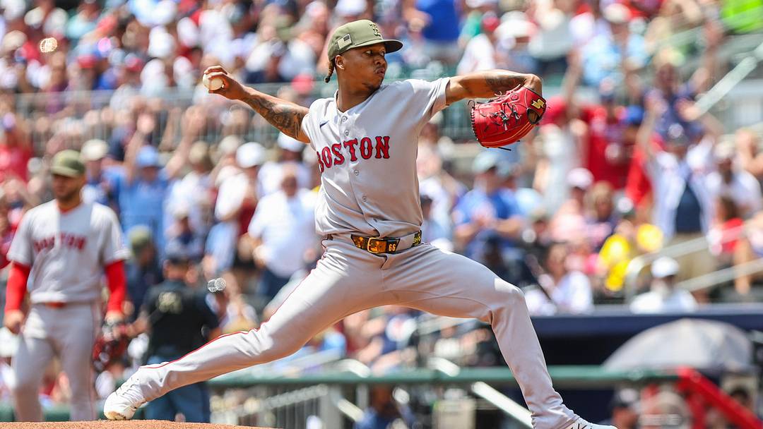 May 17, 2026; Cumberland, Georgia, USA; Boston Red Sox pitcher Brayan Bello (66) pitches the ball against the Atlanta Braves during the first inning at Truist Park. Mandatory Credit: Jordan Godfree-Imagn Images