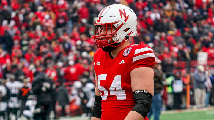 Oct 28, 2023; Lincoln, Nebraska, USA; Nebraska Cornhuskers offensive lineman Bryce Benhart (54) before the game against the Purdue Boilermakers at Memorial Stadium.