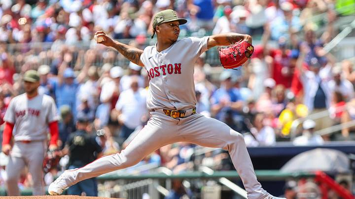 May 17, 2026; Cumberland, Georgia, USA; Boston Red Sox pitcher Brayan Bello (66) pitches the ball against the Atlanta Braves during the first inning at Truist Park. Mandatory Credit: Jordan Godfree-Imagn Images
