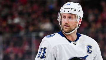 Apr 4, 2024; Montreal, Quebec, CAN; Tampa Bay Lightning center Steven Stamkos (91) looks on against the Montreal Canadiens during the second period at Bell Centre. Mandatory Credit: David Kirouac-USA TODAY Sports