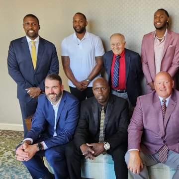 The Baltimore Catholic League held its 2024 Hall of Fame induction ceremony at Turf Valley Resort June 20, 2024. Pictured (from left) (back row) Chris Clunie, Sean Mosley, Jim Martin, Immanuel Quickley, Mark Kauffman, Bobby Connor; (front row) Will Bowers, Tim Coles and John Miller.