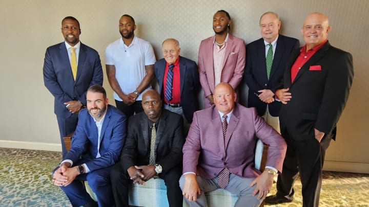 The Baltimore Catholic League held its 2024 Hall of Fame induction ceremony at Turf Valley Resort June 20, 2024. Pictured (from left) (back row) Chris Clunie, Sean Mosley, Jim Martin, Immanuel Quickley, Mark Kauffman, Bobby Connor; (front row) Will Bowers, Tim Coles and John Miller.