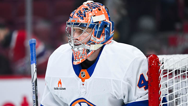 Dec 3, 2024; Montreal, Quebec, CAN; New York Islanders goalie Semyon Varlamov (40) looks on during warm-up before the game against the Montreal Canadiens at Bell Centre. Mandatory Credit: David Kirouac-Imagn Images