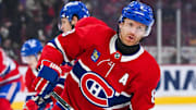 Oct 16, 2025; Montreal, Quebec, CAN; Montreal Canadiens defenseman Mike Matheson (8) looks on during warm-up before the game against the Nashville Predators at Bell Centre. Mandatory Credit: David Kirouac-Imagn Images