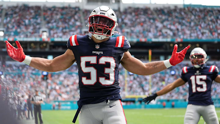 Nov 24, 2024; Miami Gardens, Florida, USA; New England Patriots linebacker Christian Elliss (53) reacts after breaking up a pass for Miami Dolphins running back De'Von Achane (not pictured) during the first half at Hard Rock Stadium. Mandatory Credit: Jasen Vinlove-Imagn Images Nov 24, 2024; Miami Gardens, Florida, USA; New England Patriots linebacker Christian Elliss (53) reacts after breaking up a pass for Miami Dolphins running back De'Von Achane (not pictured) during the first half at Hard Rock Stadium. Mandatory Credit: Jasen Vinlove-Imagn Images