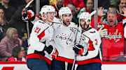 Dec 7, 2024; Montreal, Quebec, CAN; Washington Capitals right wing Tom Wilson (43) celebrates with teammates after scoring a goal against the Montreal Canadiens during the third period at Bell Centre. Mandatory Credit: David Kirouac-Imagn Images