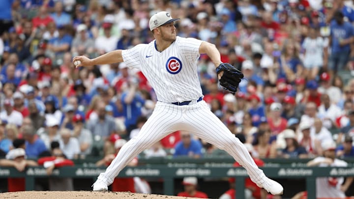 Jul 4, 2024; Chicago, Illinois, USA; Chicago Cubs starting pitcher Jameson Taillon (50) delivers a pitch against the Philadelphia Phillies during the second inning at Wrigley Field. Mandatory Credit: Kamil Krzaczynski-USA TODAY Sports