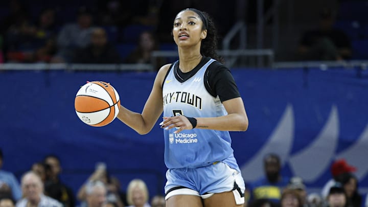 Sep 3, 2025; Chicago, Illinois, USA; Chicago Sky forward Angel Reese (5) brings the ball up court against the Connecticut Sun during the second half at Wintrust Arena. Mandatory Credit: Kamil Krzaczynski-Imagn Images