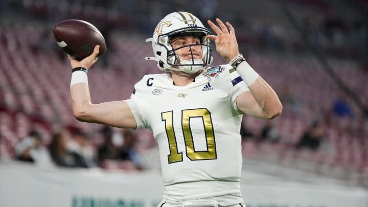 Dec 22, 2023; Tampa, FL, USA; Georgia Tech Yellow Jackets quarterback Haynes King (10) warms up prior to the Gasparilla Bowl against the UCF Knights at Raymond James Stadium. Mandatory Credit: Jasen Vinlove-USA TODAY Sports