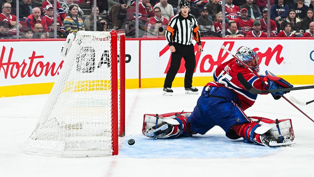 Oct 20, 2026; Montreal, Quebec, CAN;  San Jose Sharks center Tyler Toffoli (73) (not pictured) scores a goal against Montreal Canadiens goalie Jakub Dobes (75) during the third period at Bell Centre.  Mandatory Credit: David Kirouac-Imagn Images