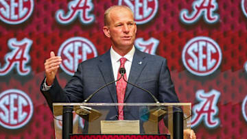 Jul 16, 2025; Atlanta, GA, USA; University of Alabama head coach Kalen Deboer talks to the media during the SEC Media Days at Omni Atlanta Hotel. Mandatory Credit: Jordan Godfree-Imagn Images