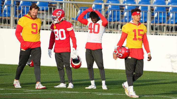 Nov 3, 2023; Frankfurt, Germany; Kansas City Chiefs quarterback Blaine Gabbert (9), cornerback Ekow Boye-Doe (40) and quarterback Patrick Mahomes (15) during practice at DFB Campus. Mandatory Credit: Kirby Lee-USA TODAY Sports