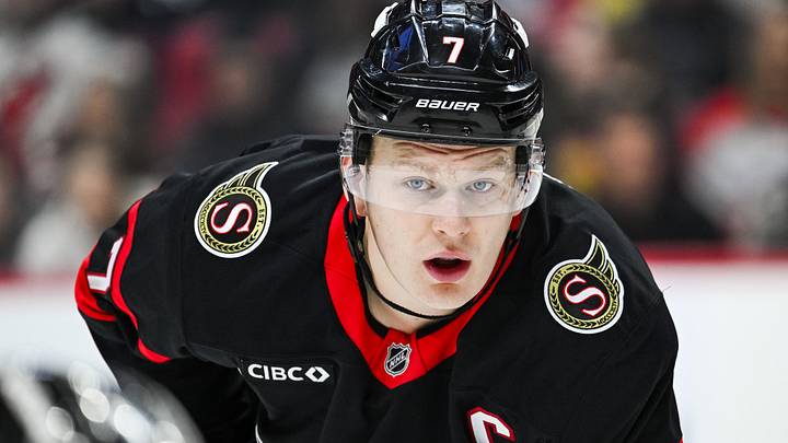 Jan 31, 2026; Ottawa, Ontario, CAN; Ottawa Senators left wing Brady Tkachuk (7) waits for a face-off against the New Jersey Devils during the first period at Canadian Tire Centre. Mandatory Credit: David Kirouac-Imagn Images