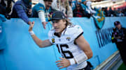 Jacksonville Jaguars quarterback Trevor Lawrence (16) celebrates the victory over the Tennessee Titans after the game at Nissan Stadium in Nashville, Tenn., Sunday, Nov. 30, 2025.