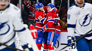 Jan 21, 2025; Montreal, Quebec, CAN; Montreal Canadiens center Jake Evans (71) celebrates with right wing Joel Armia (40) after his game winning goal during the third period against the Tampa Bay Lightning at Bell Centre. Mandatory Credit: David Kirouac-Imagn Images