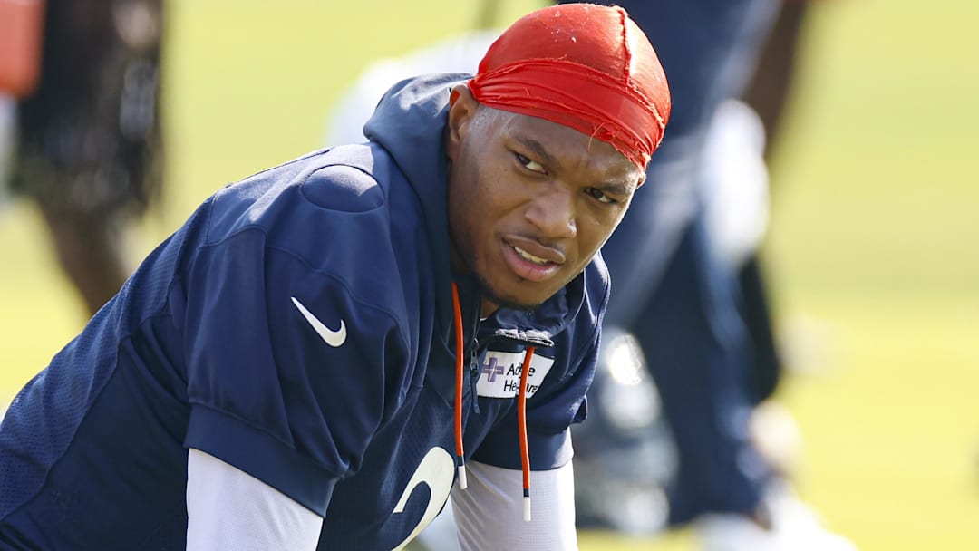 Jul 23, 2025; Lake Forest, IL, USA; Former Chicago Bears wide receiver DJ Moore (2) warms up during training camp at Halas Hall.