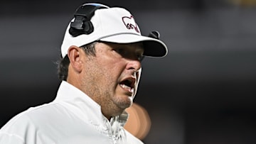 Oct 4, 2025; College Station, Texas, USA; Mississippi State Bulldogs head coach Jeff Lebby reacts during the second quarter against the Texas A&M Aggies at Kyle Field. Mandatory Credit: Maria Lysaker-Imagn Images 