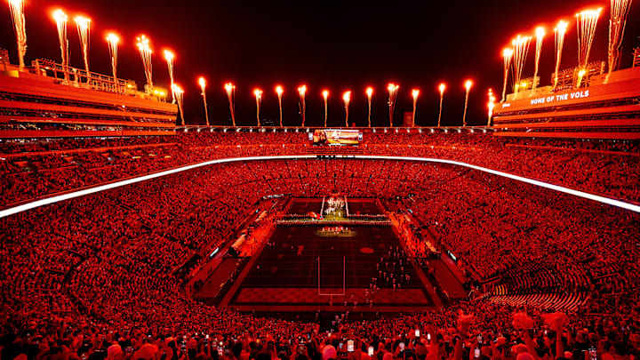 Fireworks go off over Neyland Stadium as Tennessee runs through the T before a college football game against Mississippi State in Knoxville, Tenn., on Saturday, Nov. 9, 2024.