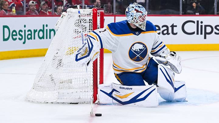 May 16, 2026; Montreal, Quebec, CAN; Buffalo Sabres goalie Ukko-Pekka Luukkonen (1) intercepts the puck against the Montreal Canadiens during the third period in game six of the second round of the 2026 Stanley Cup Playoffs at Bell Centre. Mandatory Credit: David Kirouac-Imagn Images