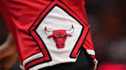 Dec 16, 2023; Miami, Florida, USA; A detailed view of the Chicago Bulls logo on the shorts of Chicago Bulls guard Ayo Dosunmu (12) during the first half against the Miami Heat at Kaseya Center. Mandatory Credit: Jasen Vinlove-Imagn Images