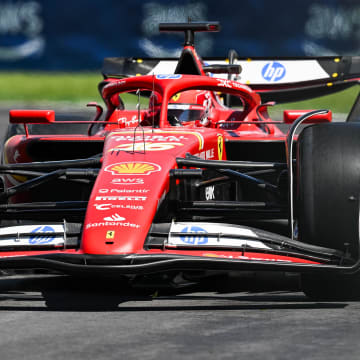 Jun 7, 2024; Montreal, Quebec, CAN; Ferrari driver Charles Leclerc (MCO) races during FP1 practice session of the Canadian Grand Prix at Circuit Gilles Villeneuve. Mandatory Credit: David Kirouac-USA TODAY Sports